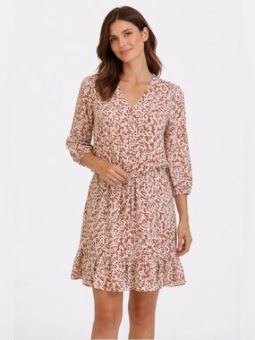 CAbi Cream & Rust Abstract Print V-Neck Tie-Waist Mini Dress